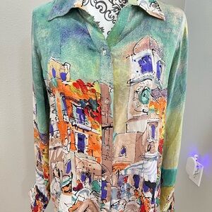 Michael Lue Vintage Abstract Art Blouse Women’s Button Front Long Sleeve Top L